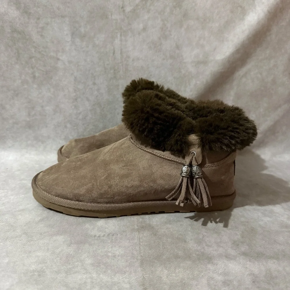 Dunes Ankle Boots Womens 8 Tan Good Faux Fur Tassel Suede 1092